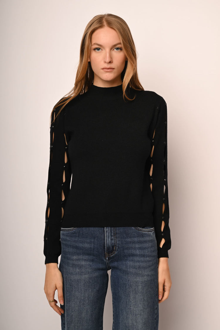 Cut-out and rhinestone mock sweater