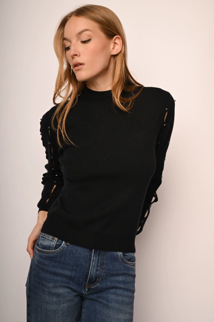 Cut-out and rhinestone mock sweater