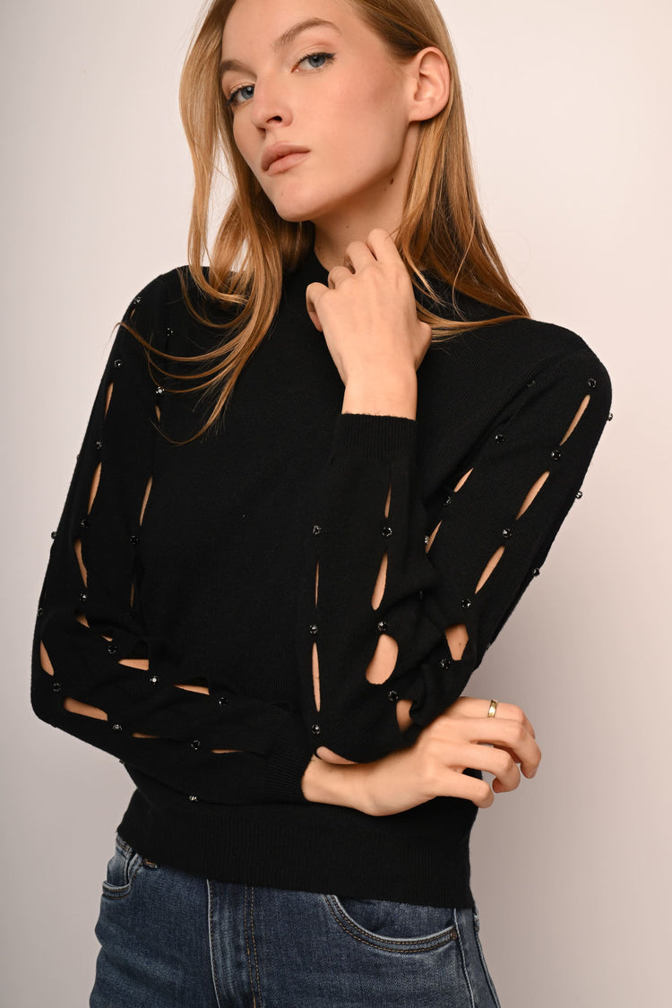 Cut-out and rhinestone mock sweater