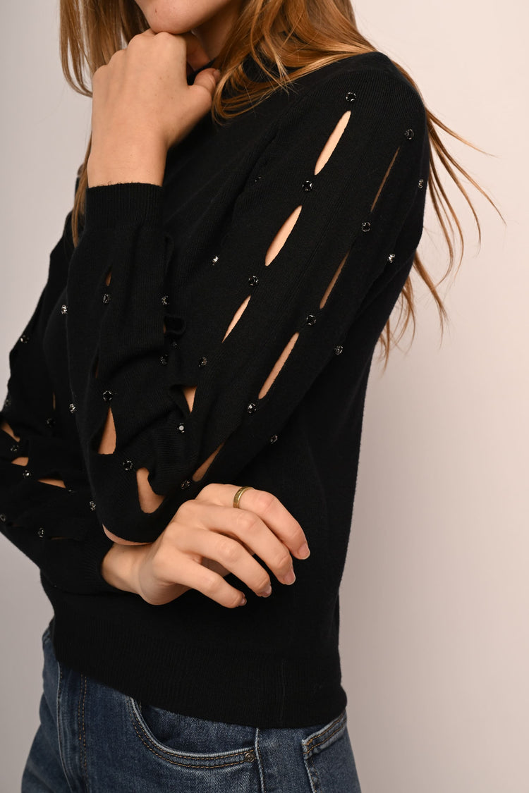 Cut-out and rhinestone mock sweater