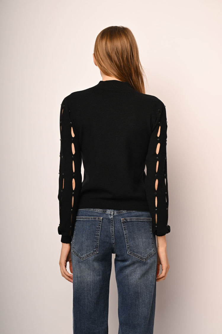 Cut-out and rhinestone mock sweater