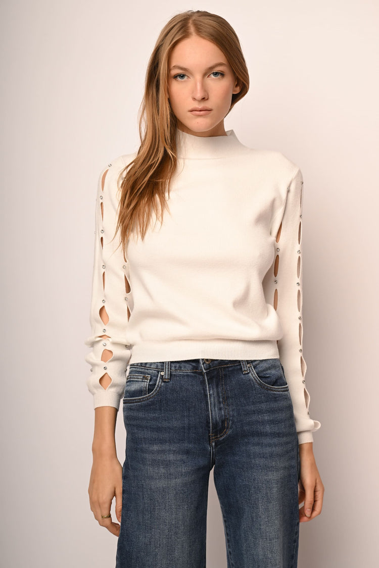 Cut-out and rhinestone mock sweater