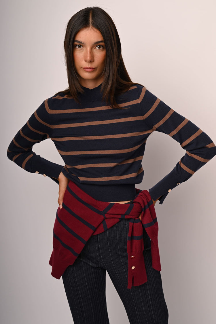 Button-detail striped mock sweater
