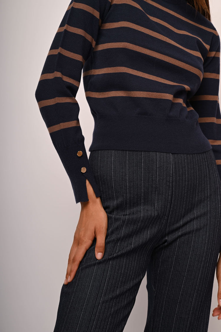 Button-detail striped mock sweater