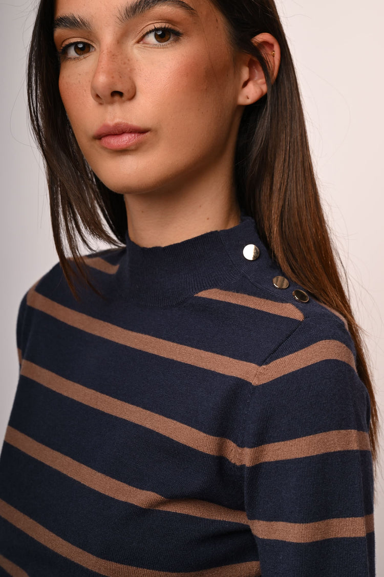 Button-detail striped mock sweater