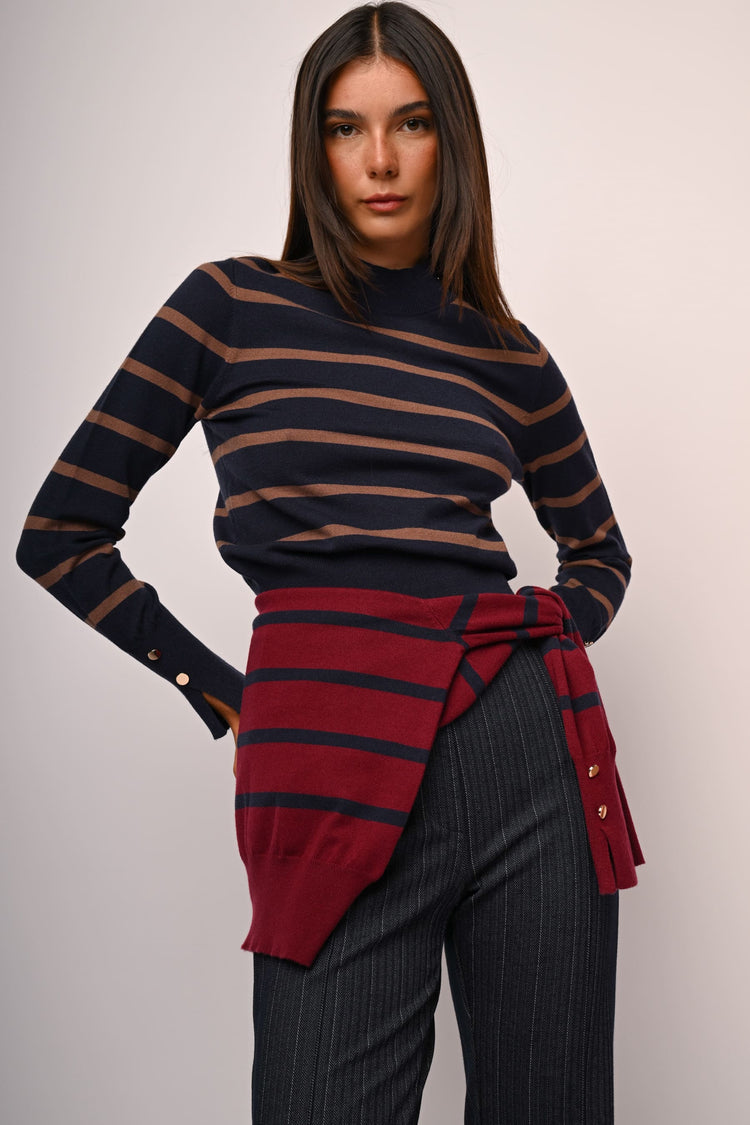 Button-detail striped mock sweater