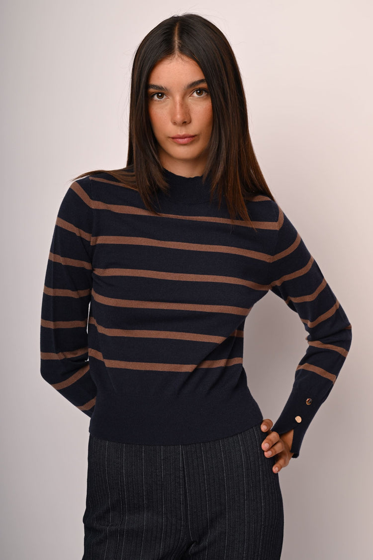 Button-detail striped mock sweater