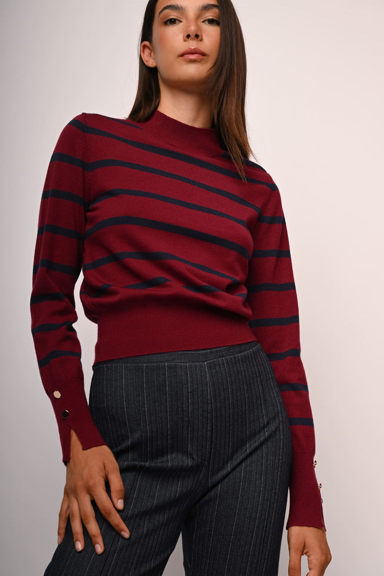Button-detail striped mock sweater