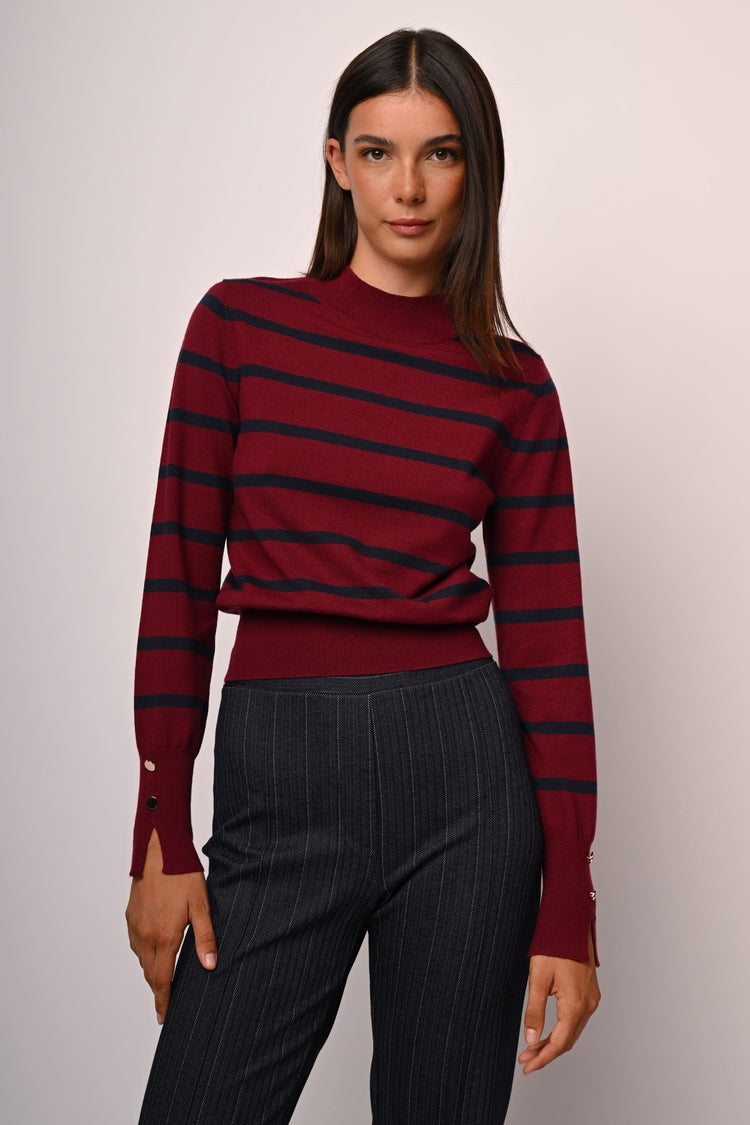 Button-detail striped mock sweater