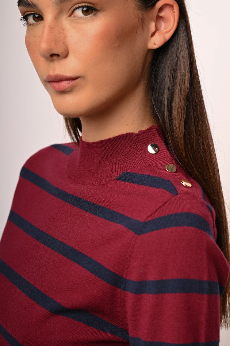 Button-detail striped mock sweater