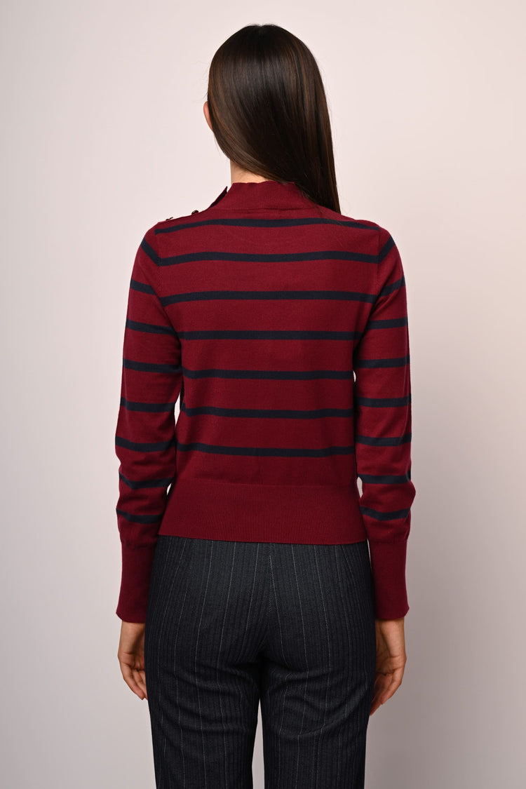 Button-detail striped mock sweater