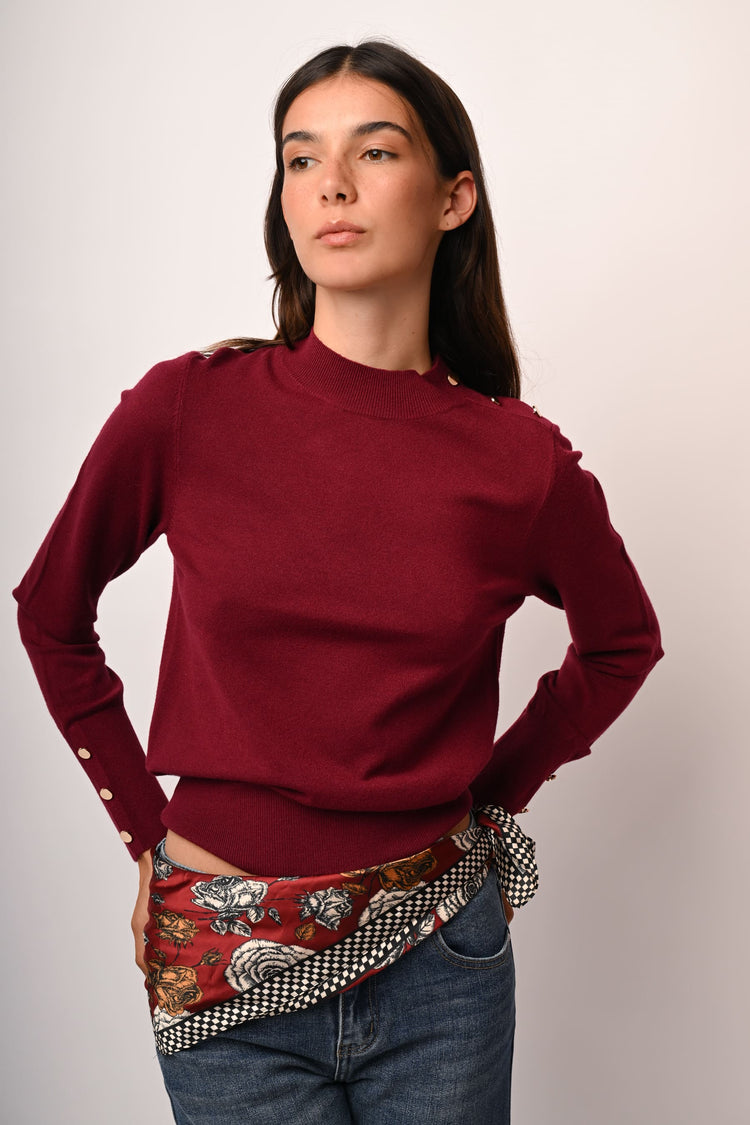Button shoulder and cuff sweater