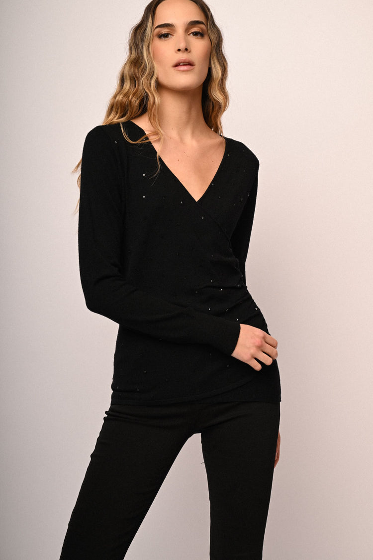 Rhinestone embellishment wrap sweater