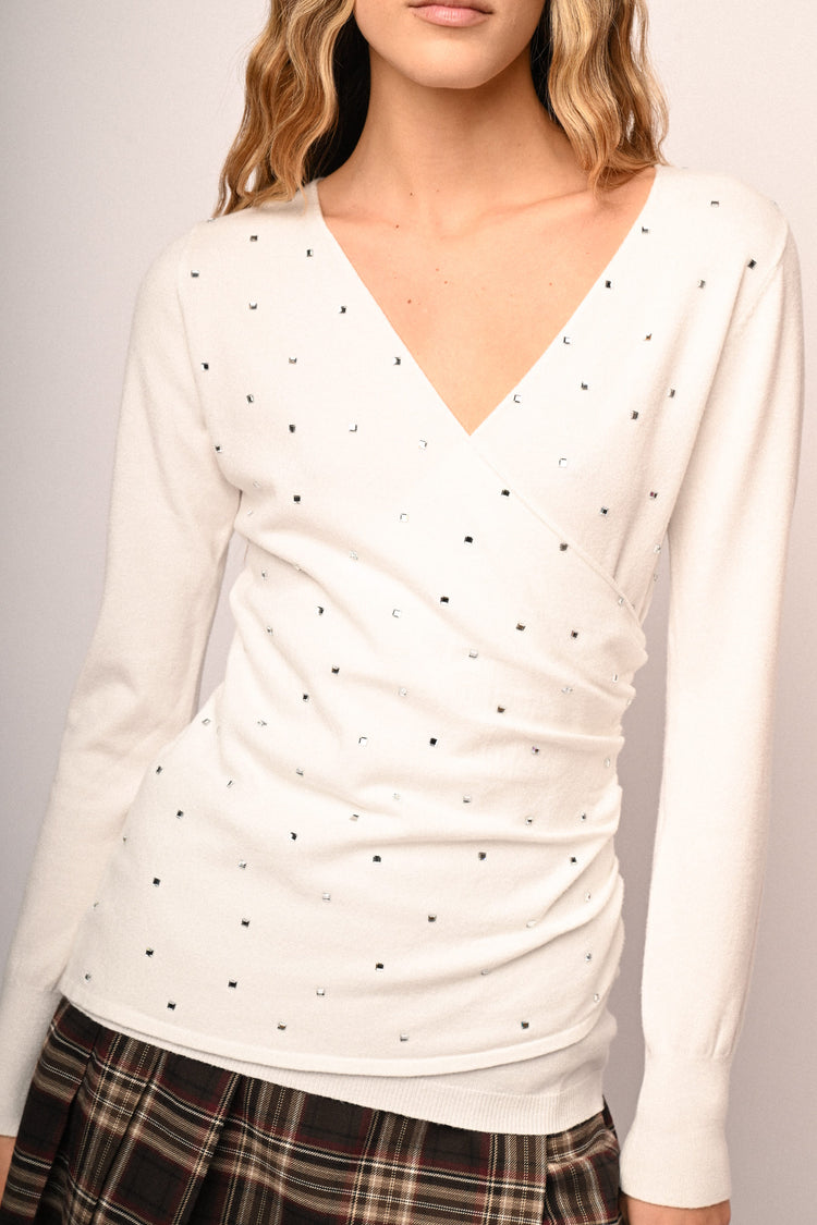 Rhinestone embellishment wrap sweater