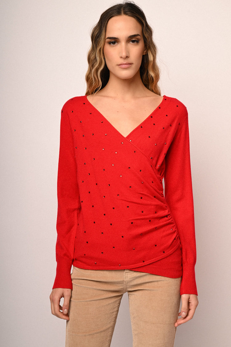 Rhinestone embellishment wrap sweater