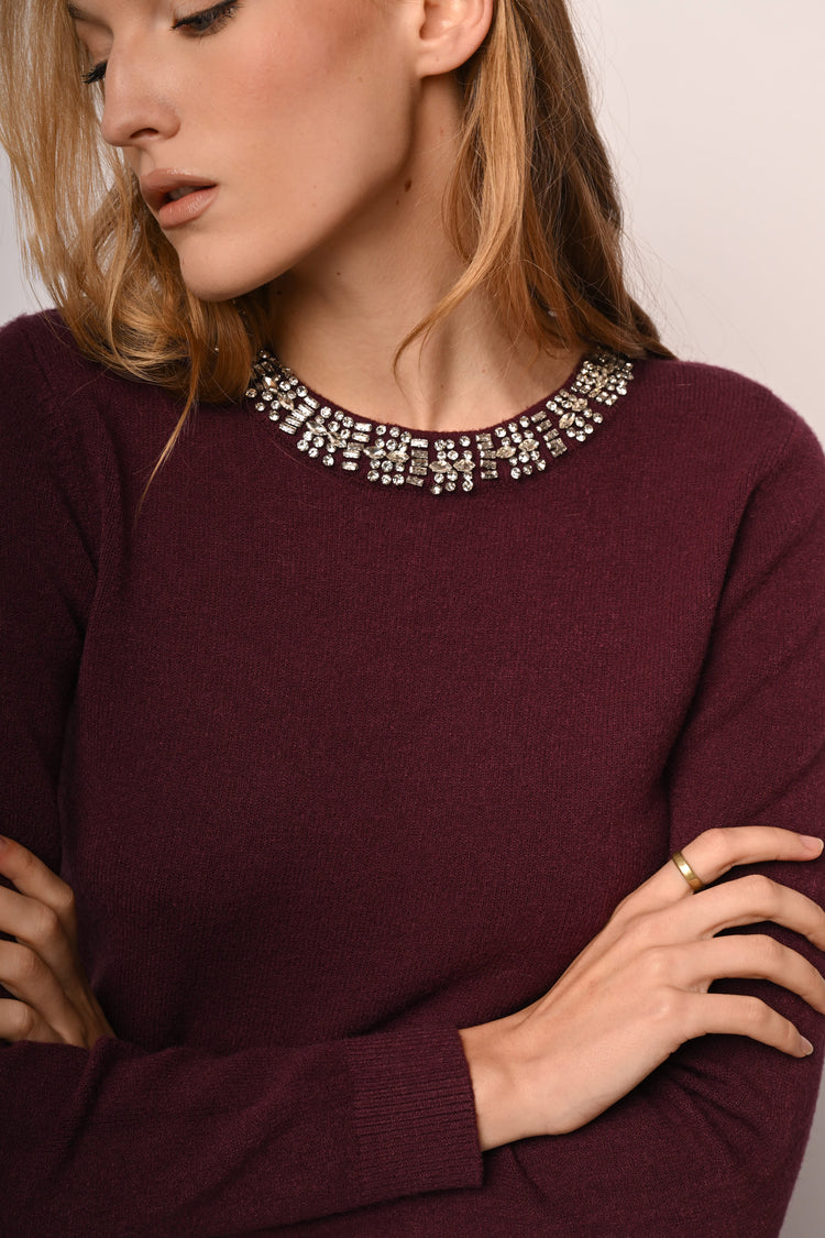 Rhinestone trimmed crew-neck sweater