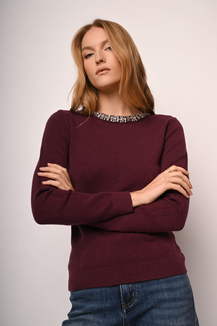 Rhinestone trimmed crew-neck sweater