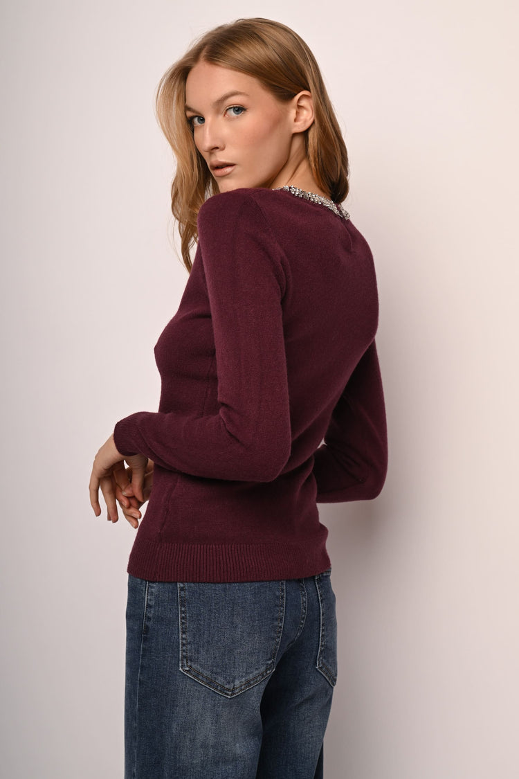 Rhinestone trimmed crew-neck sweater