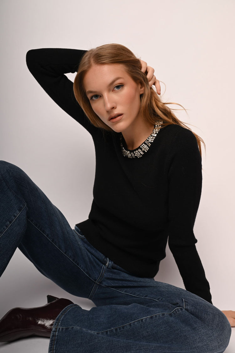 Rhinestone trimmed crew-neck sweater