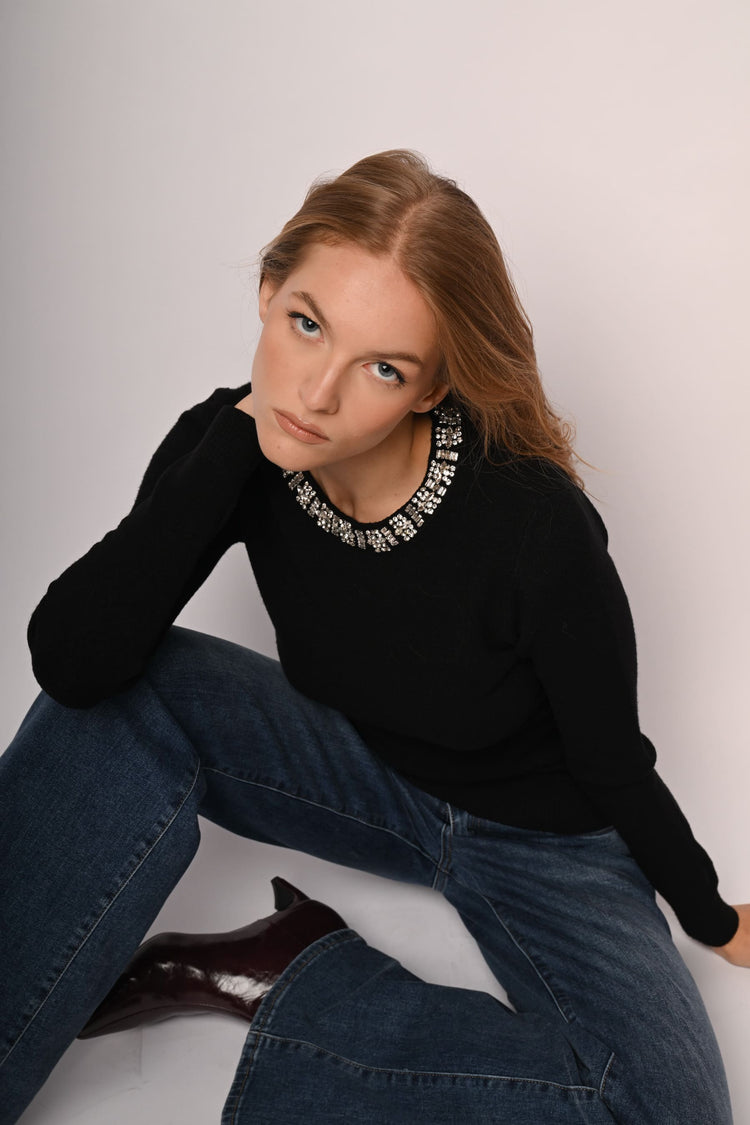 Rhinestone trimmed crew-neck sweater