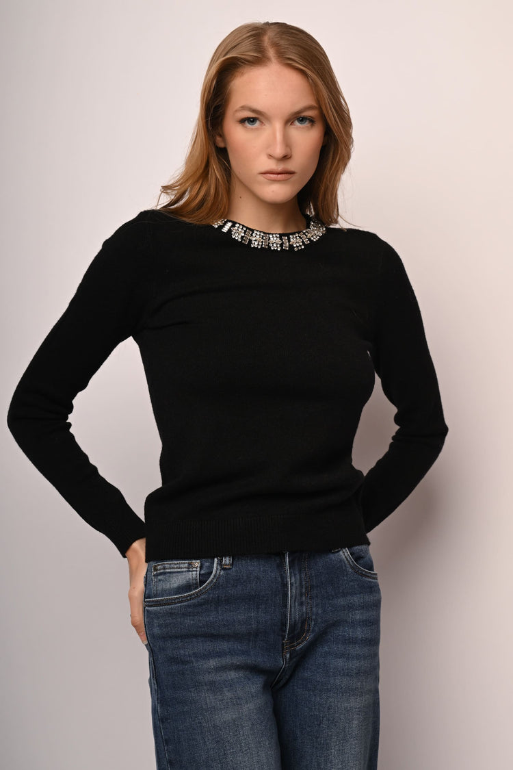 Rhinestone trimmed crew-neck sweater