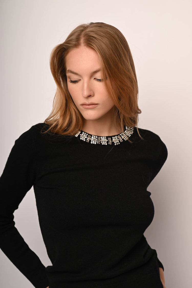 Rhinestone trimmed crew-neck sweater