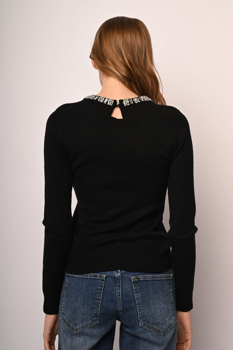 Rhinestone trimmed crew-neck sweater