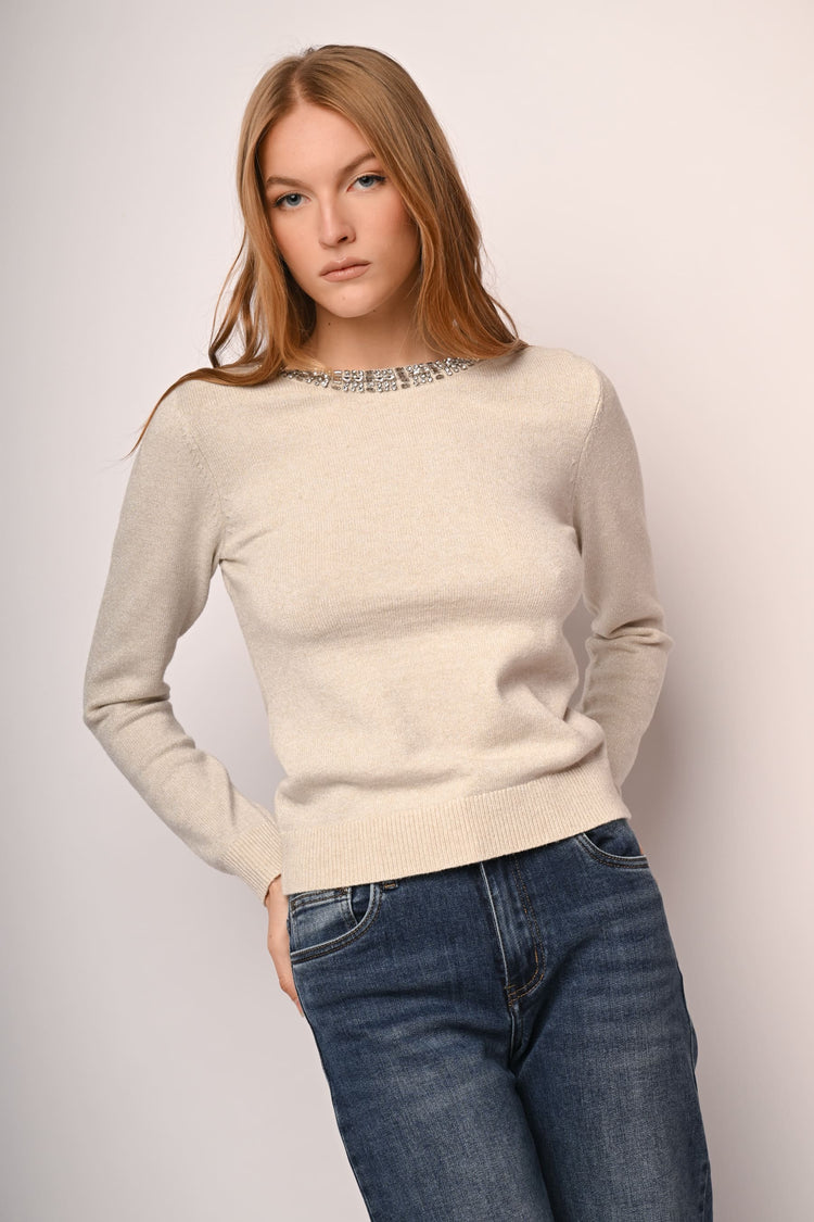 Rhinestone trimmed crew-neck sweater