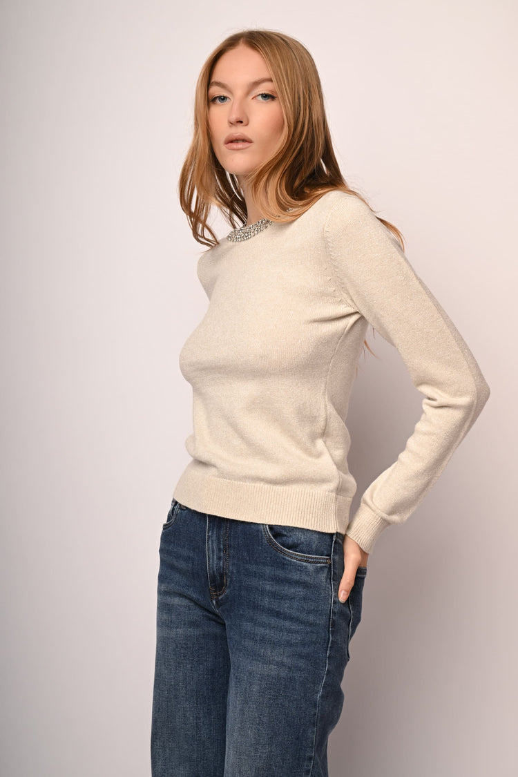 Rhinestone trimmed crew-neck sweater