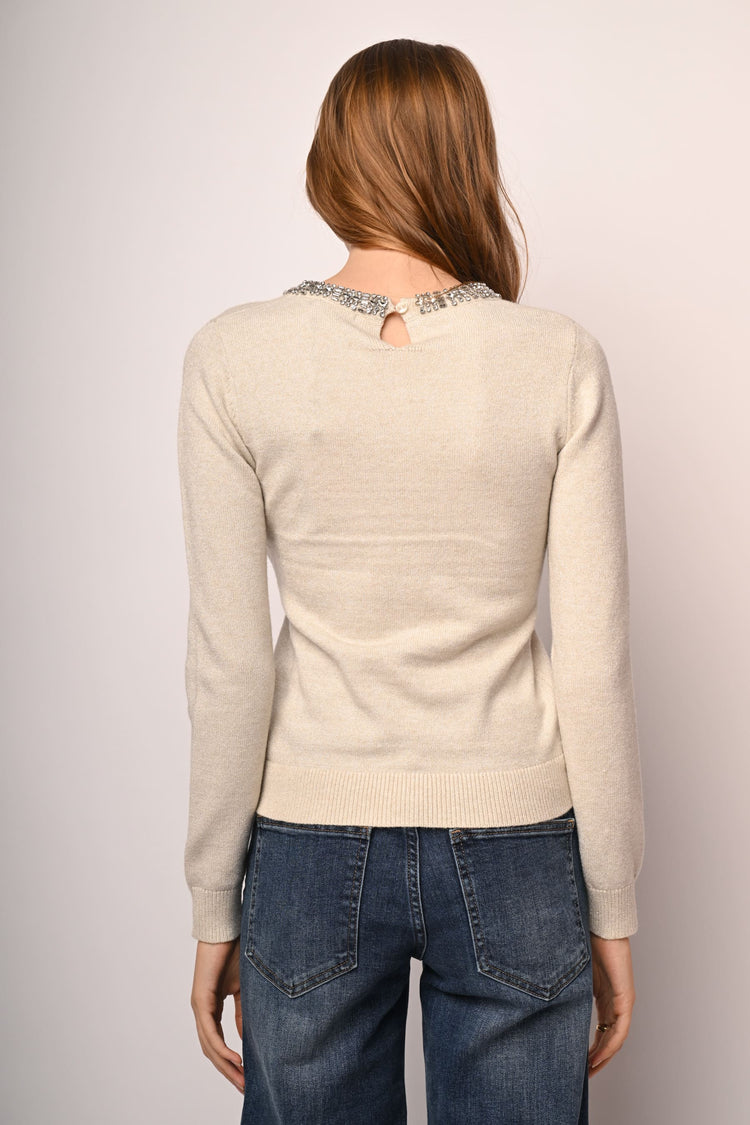 Rhinestone trimmed crew-neck sweater
