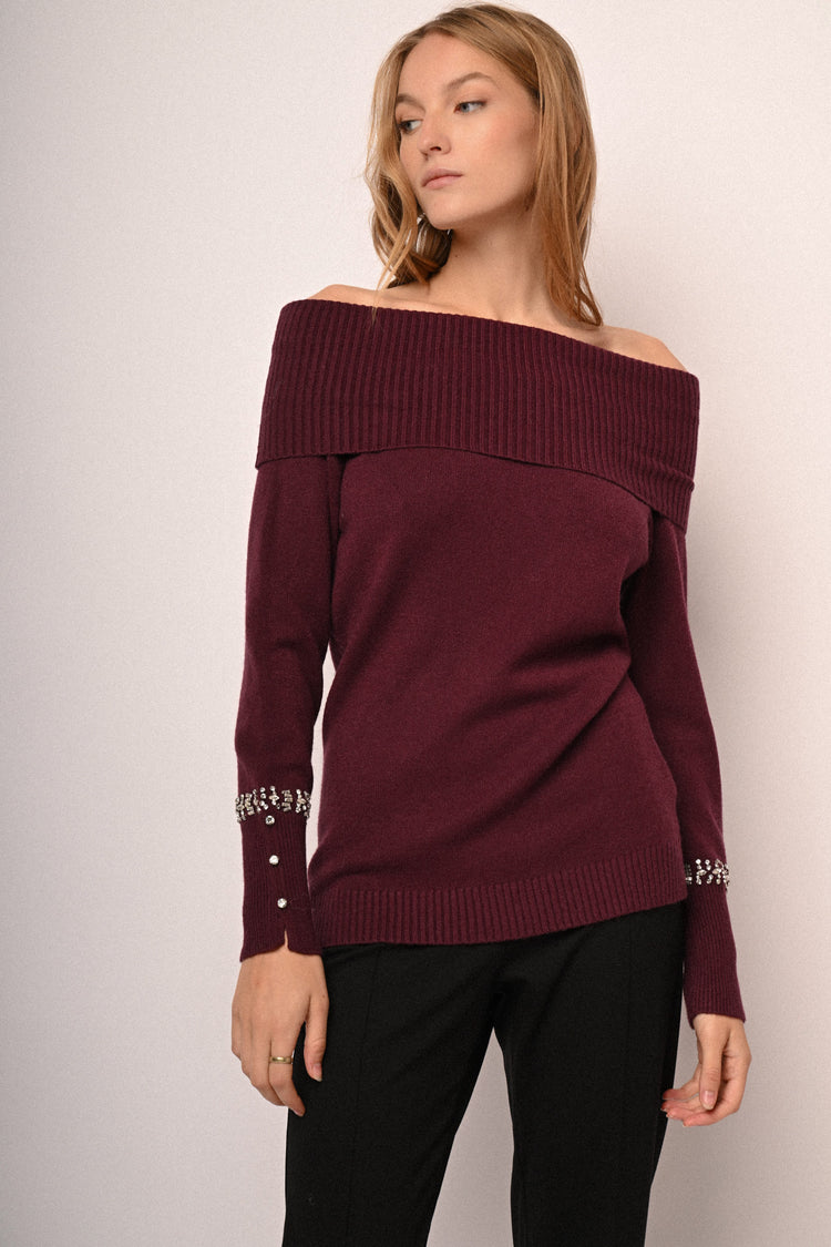 Rhinestone off-the-shoulder sweater