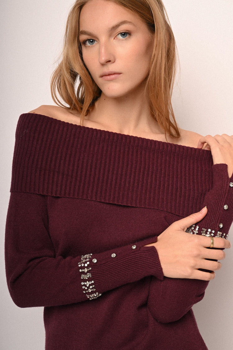 Rhinestone off-the-shoulder sweater
