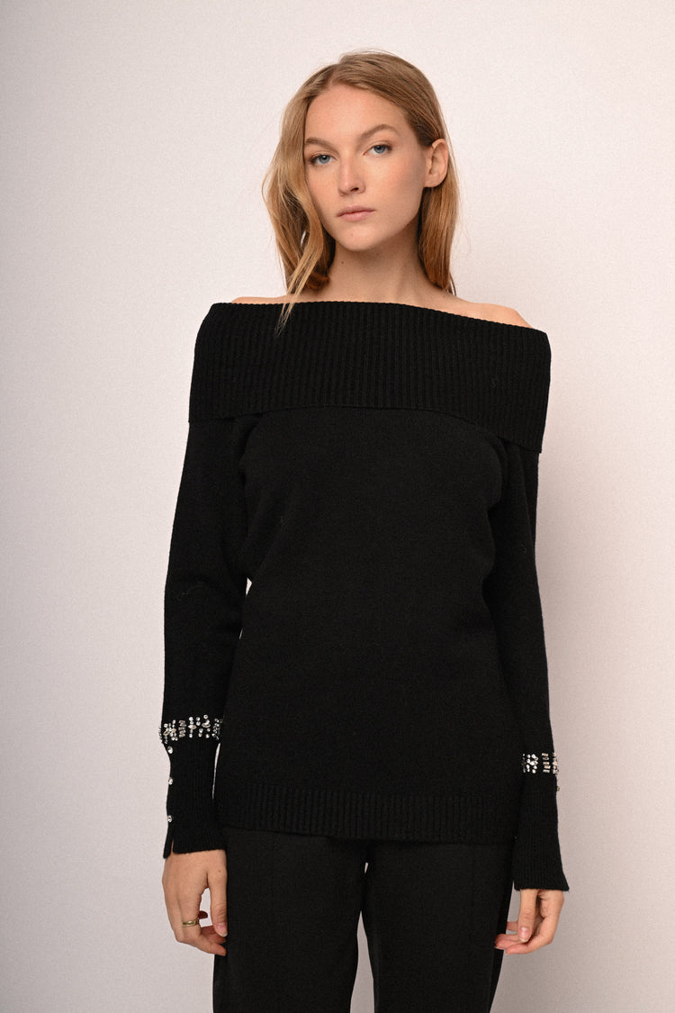 Rhinestone off-the-shoulder sweater