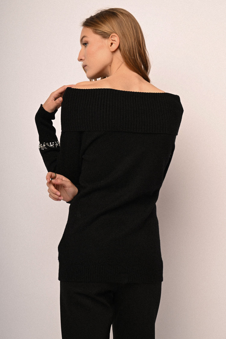 Rhinestone off-the-shoulder sweater