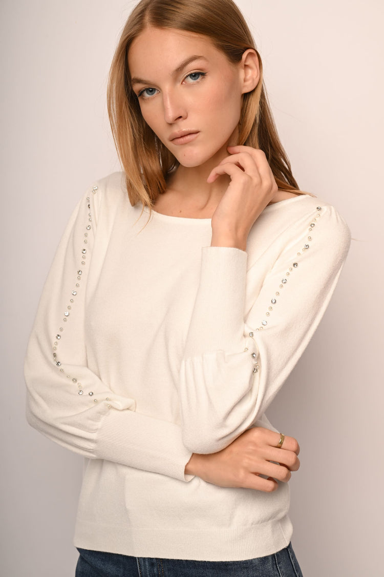 Bead and rhinestone sleeves sweater