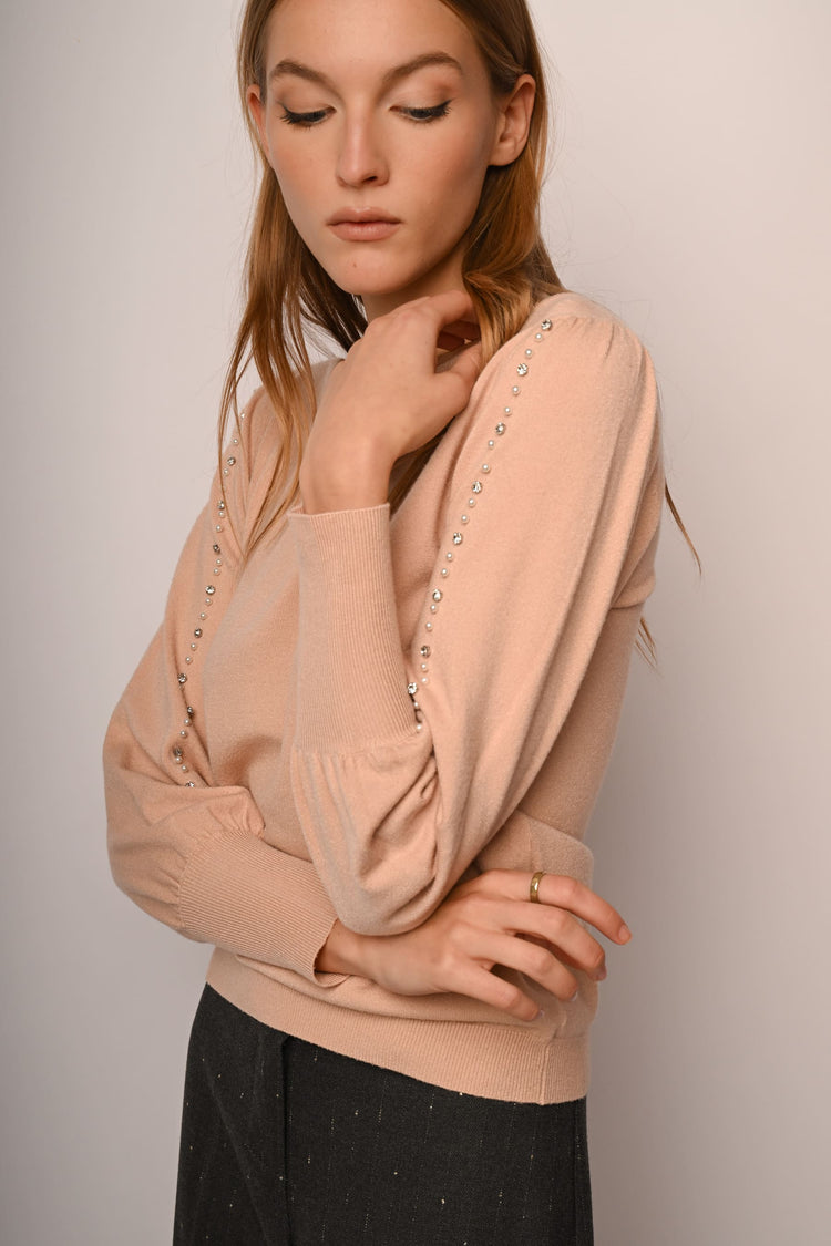Bead and rhinestone sleeves sweater