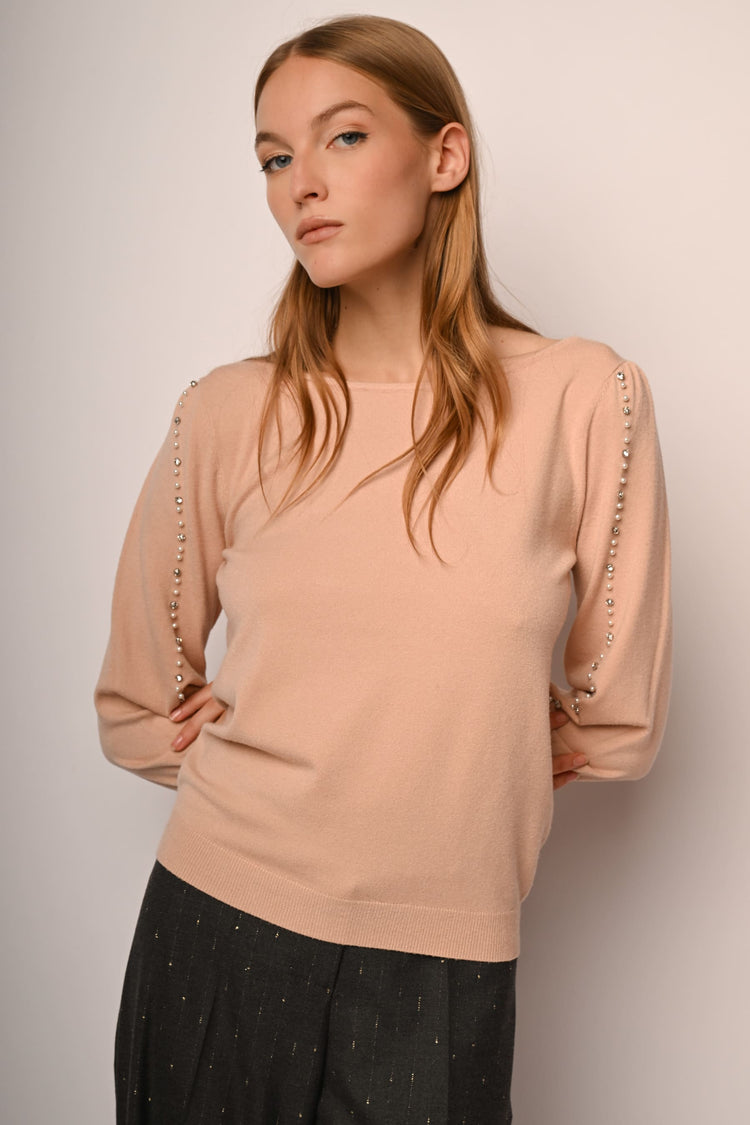 Bead and rhinestone sleeves sweater
