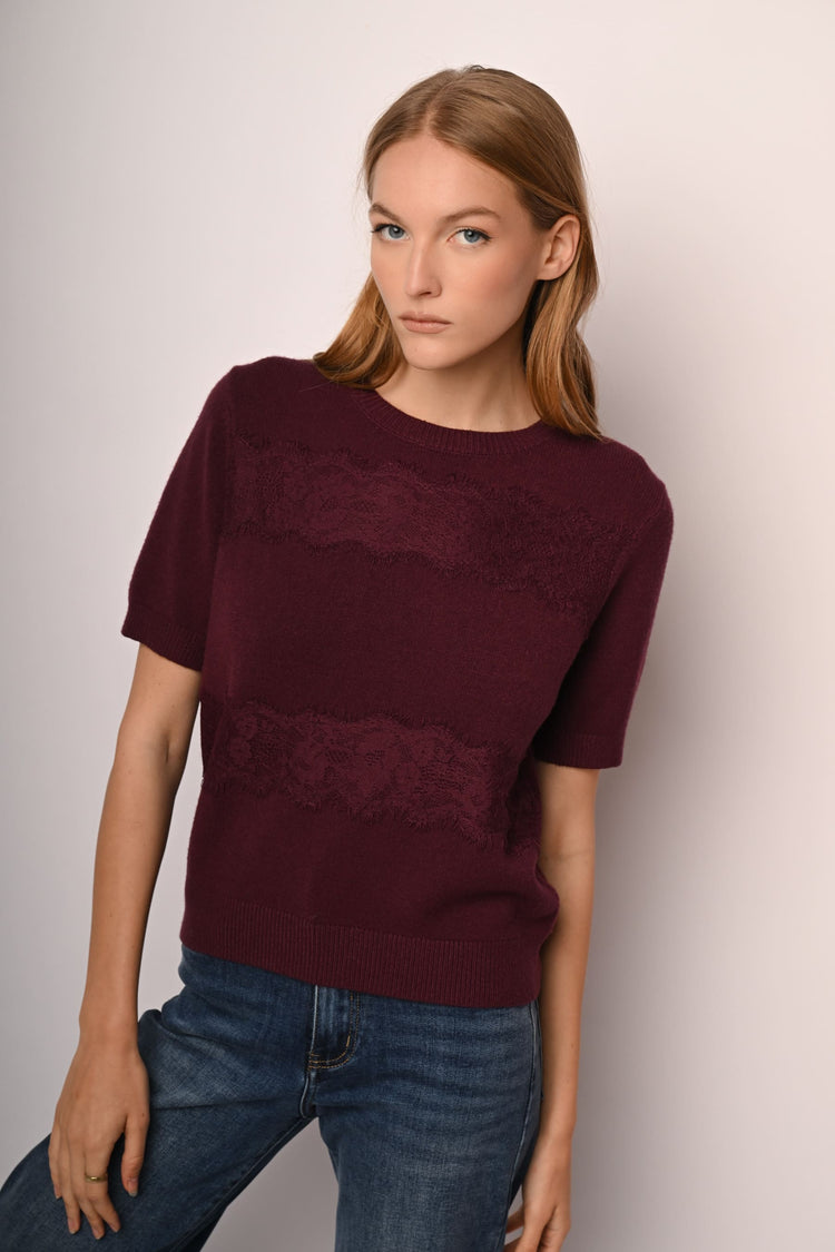 Lace-detail half-sleeve sweater