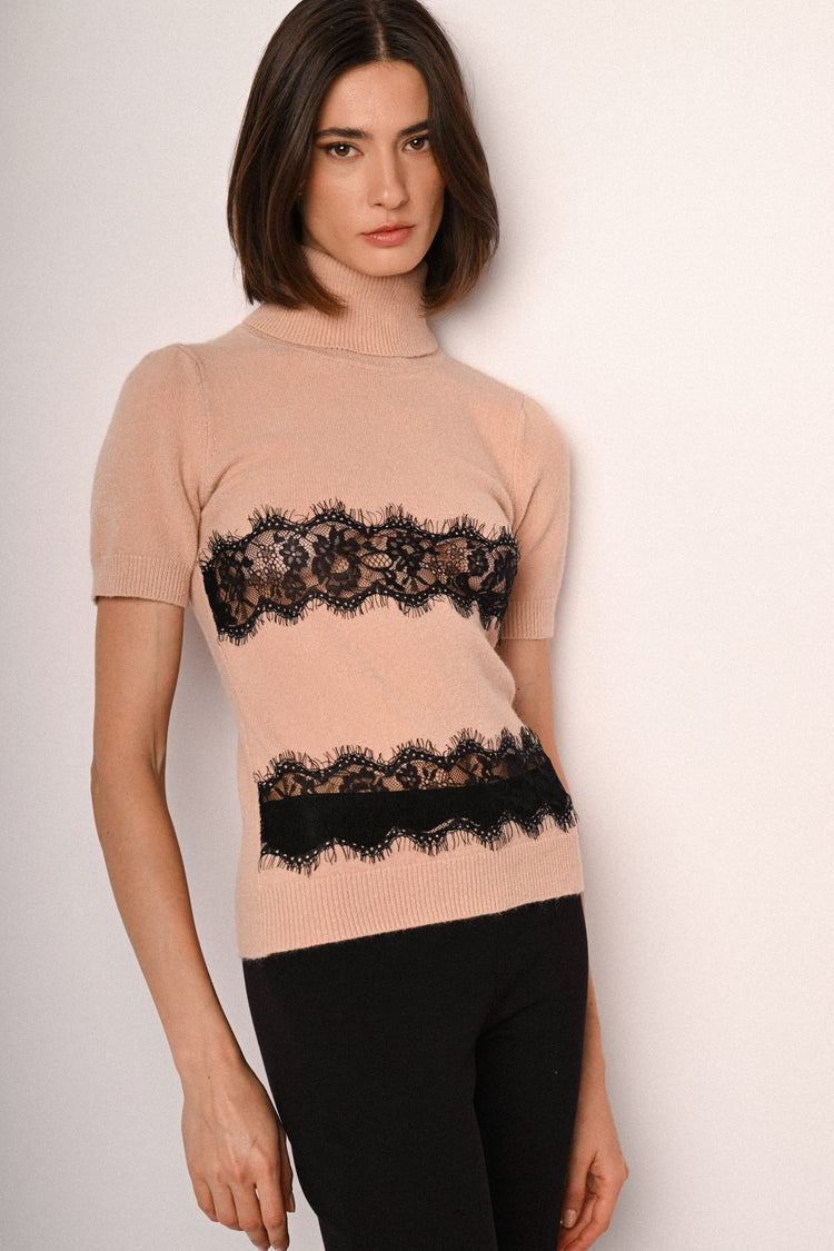 Lace-detail half-sleeve sweater