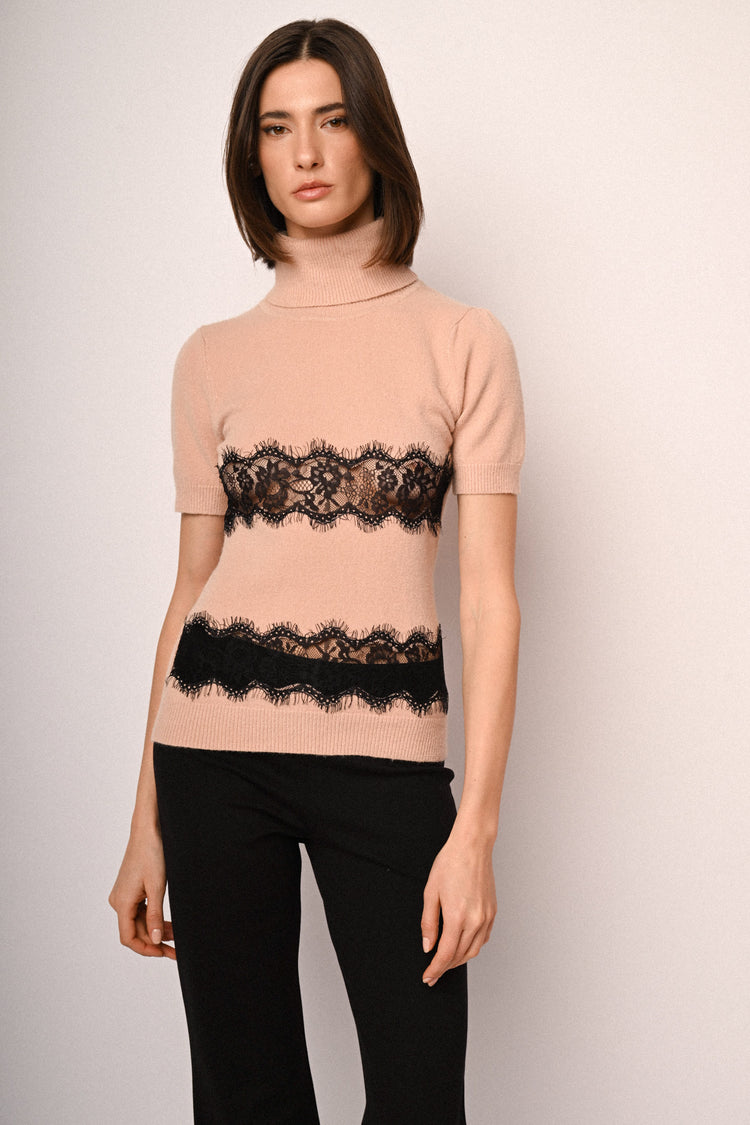 Lace-detail half-sleeve sweater