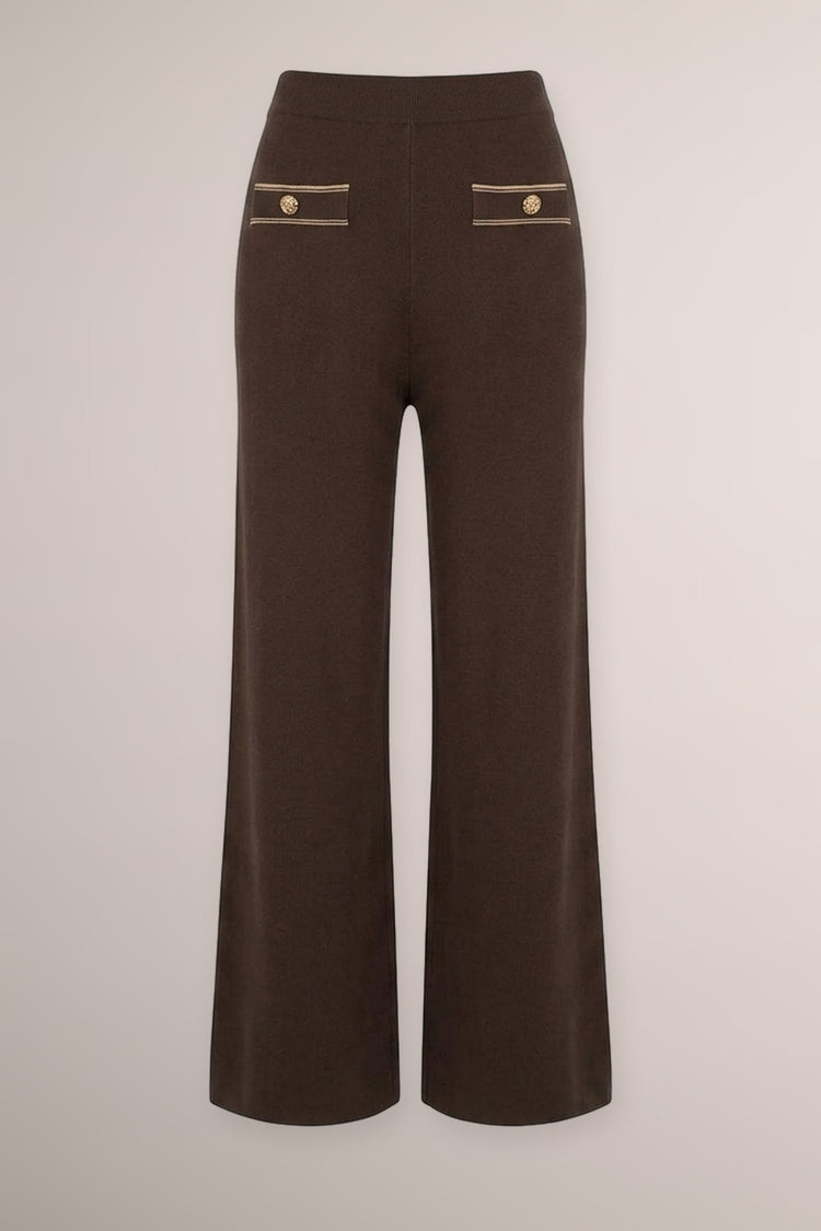 Lurex-piping chocolate knit trousers