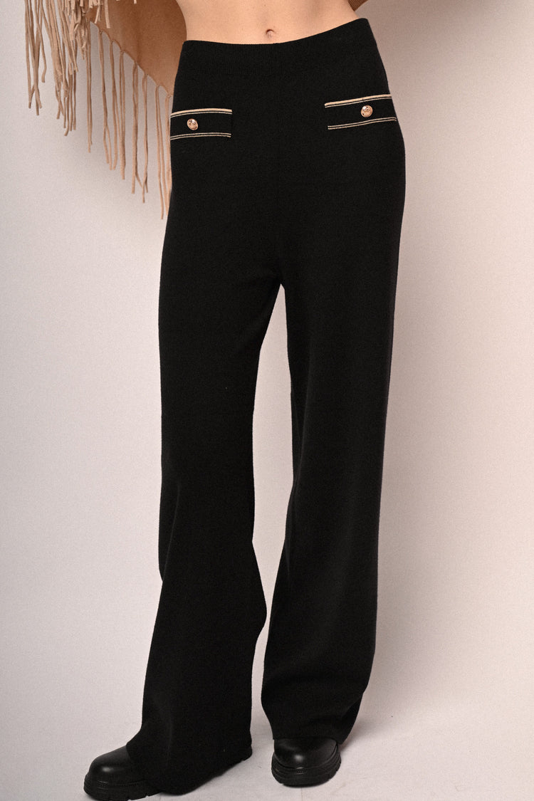 Lurex piping and button knit trousers