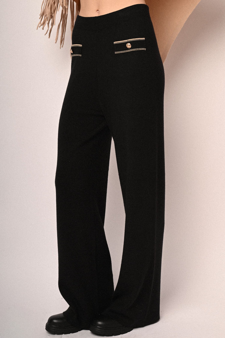 Lurex piping and button knit trousers