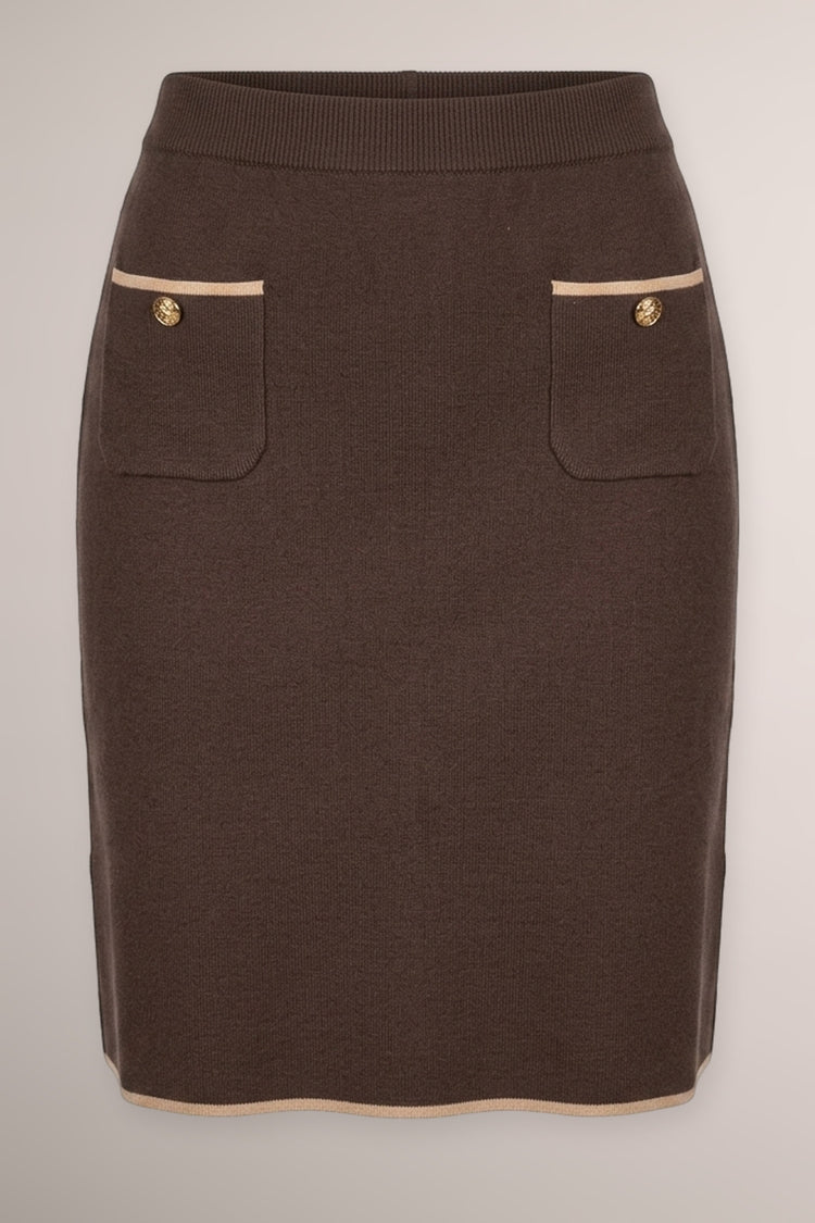 Lurex-piping patch pockets chocolate knit skirt