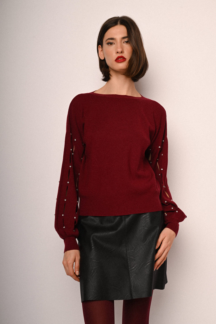 Rhinestone & cut-out sleeved sweater