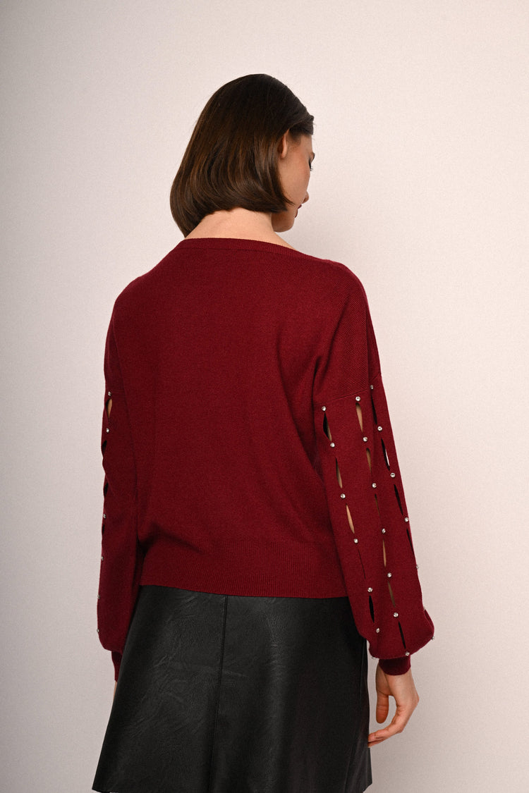 Rhinestone & cut-out sleeved sweater