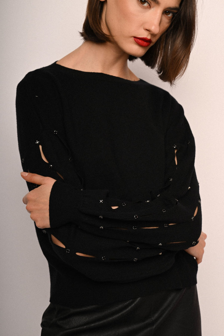 Rhinestone & cut-out sleeved sweater