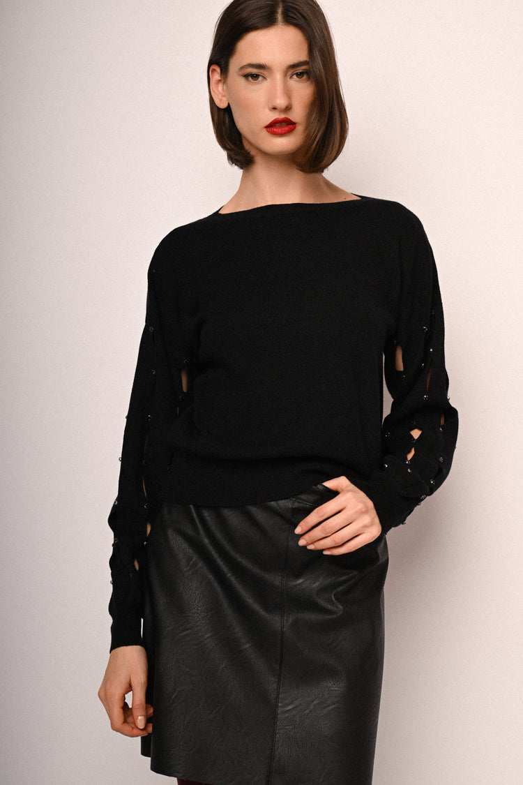 Rhinestone & cut-out sleeved sweater