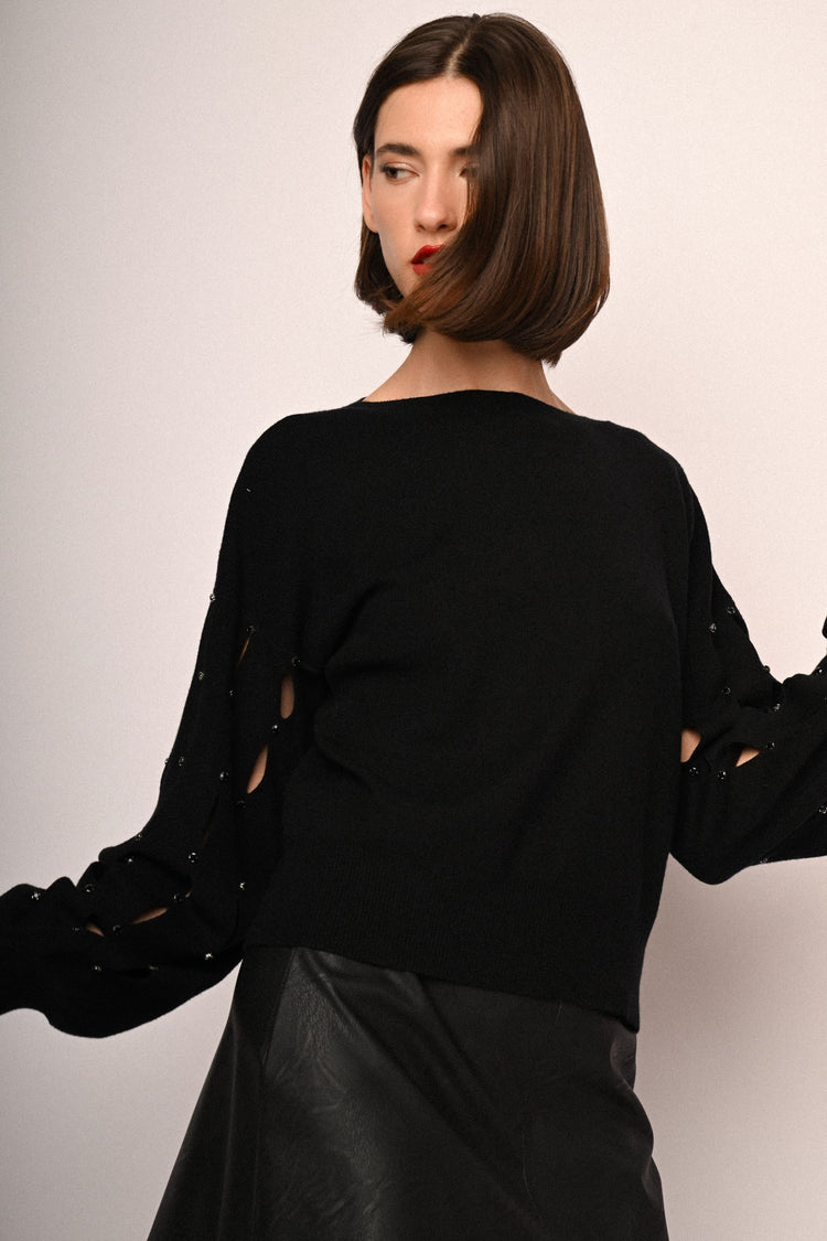 Rhinestone & cut-out sleeved sweater
