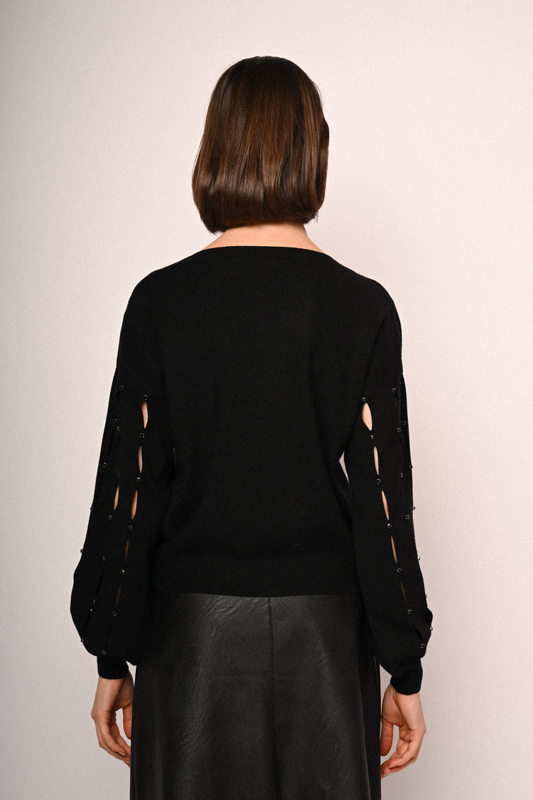 Rhinestone & cut-out sleeved sweater